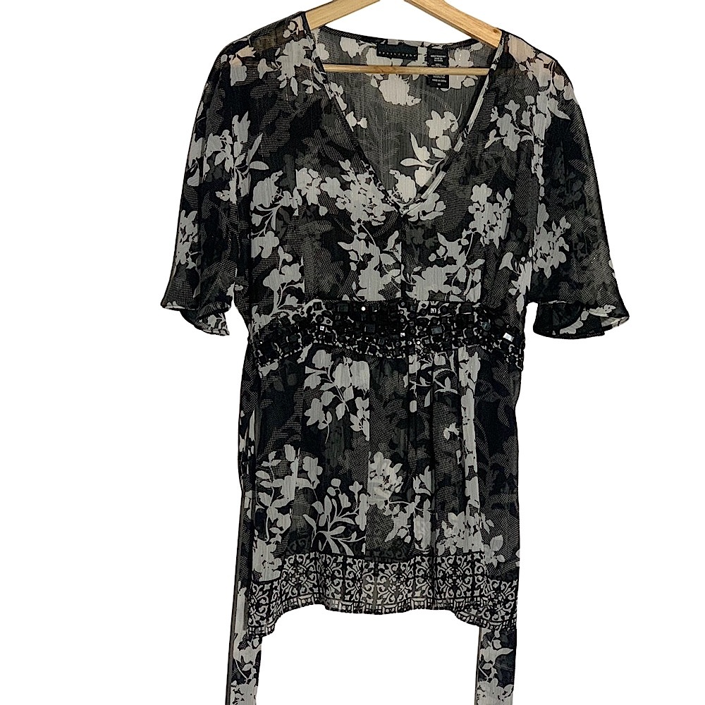 Apostrophe Sheer Floral Jewel-Belted Oversized Blouse